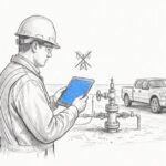 Offline field data capture - field engineer recording a well site inspection on a tablet with no cell signal