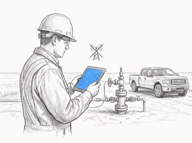 offline-field-data-capture-well-site Offline field data capture - field engineer recording a well site inspection on a tablet with no cell signal