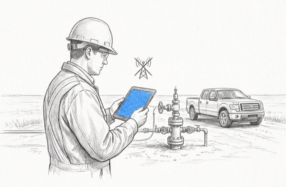 Offline field data capture - field engineer recording a well site inspection on a tablet with no cell signal