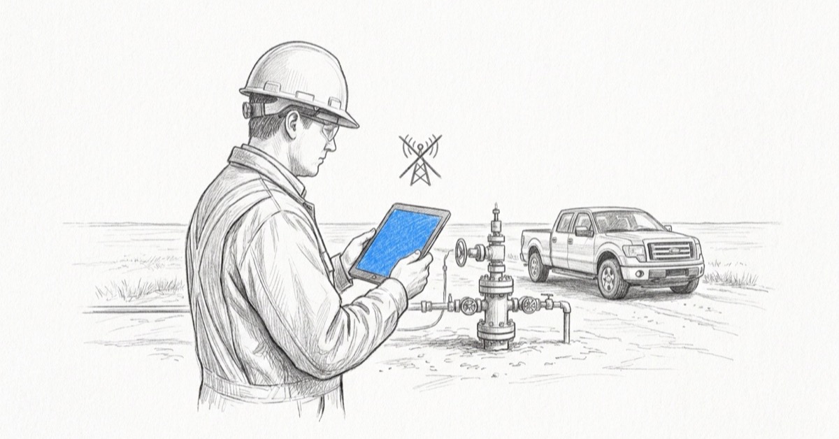 Offline field data capture - field engineer recording a well site inspection on a tablet with no cell signal