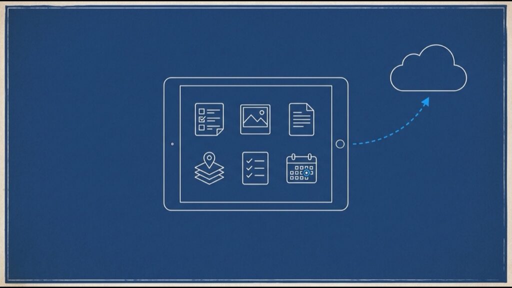 Blueprint style drawing of a tablet holding a well site project with no signal: forms, photos, documents, GIS layers, tasks and milestones queued for sync