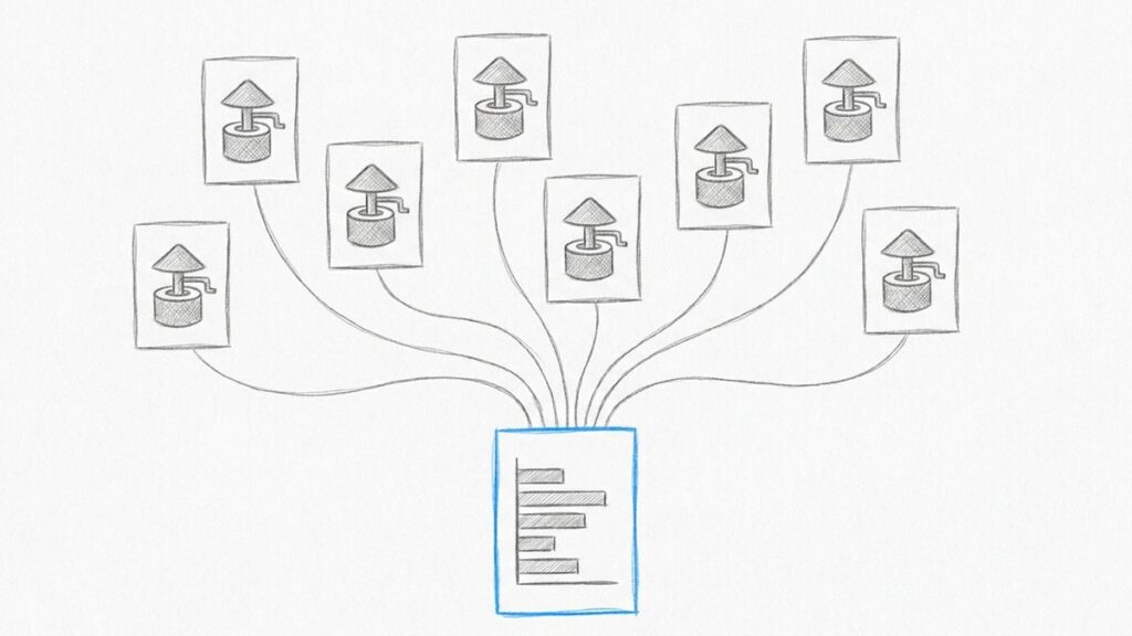 Hand-drawn sketch of many site records feeding one year to date closure spend figure ready for OneStop reporting