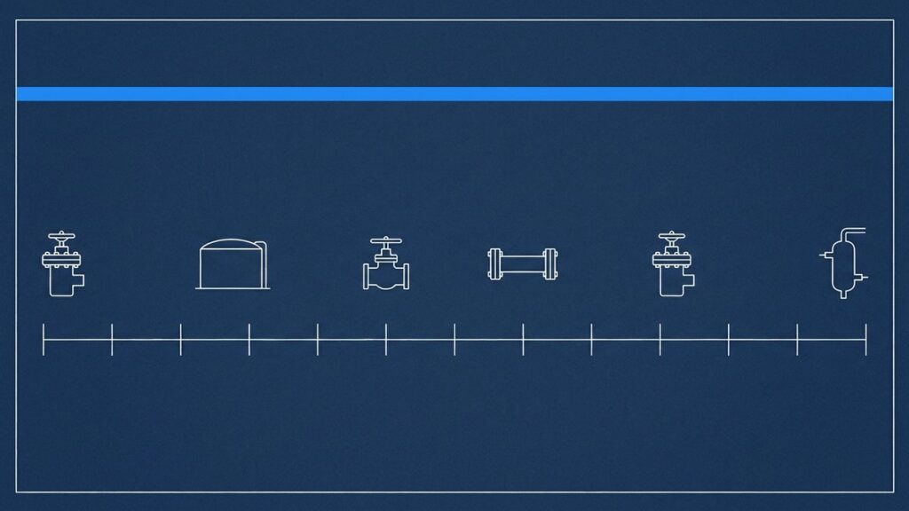 Blueprint style drawing of closure spend accumulating across multiple sites through a calendar year against a fixed annual quota line