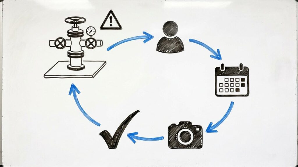 Whiteboard sketch of one site finding moving through an owner, a due date and a photo to a closed check mark