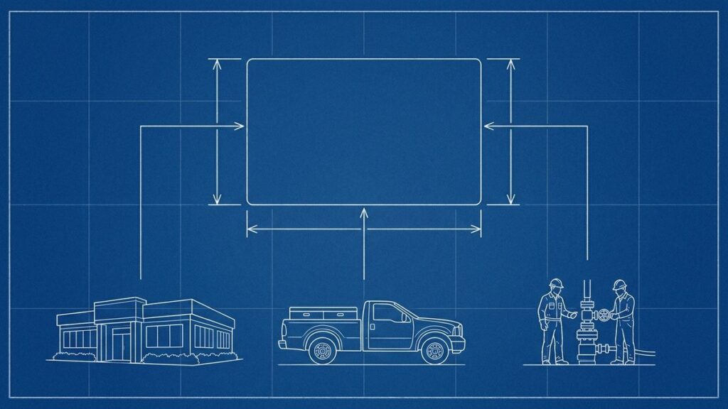 Blueprint drawing of an operator office, a consultant truck and a contractor crew connected to one shared task card