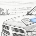 Action tracking software for oil and gas: a tablet and an inspection clipboard on a pickup hood at a wellsite lease