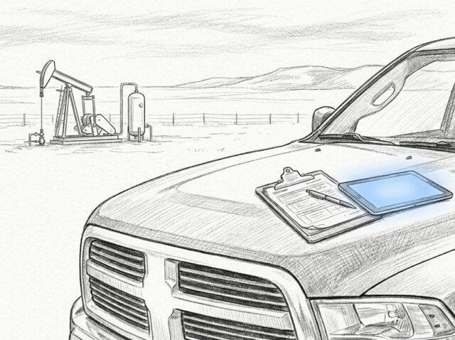 Action tracking software for oil and gas: a tablet and an inspection clipboard on a pickup hood at a wellsite lease