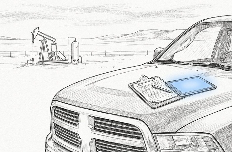 Action tracking software for oil and gas: a tablet and an inspection clipboard on a pickup hood at a wellsite lease