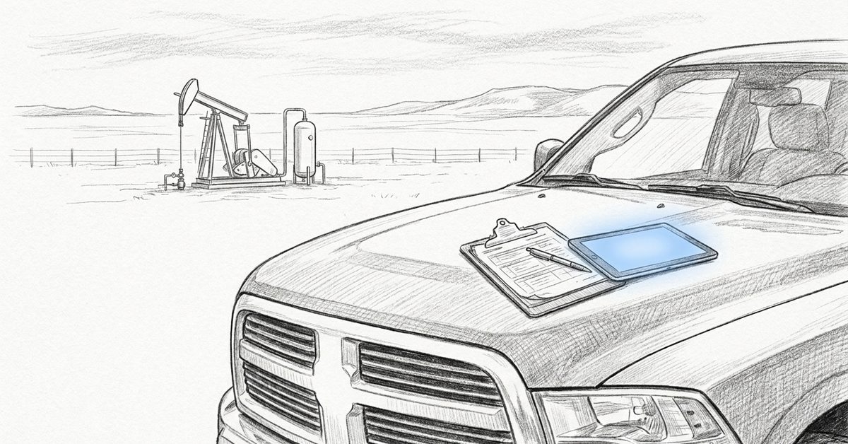 Action tracking software for oil and gas: a tablet and an inspection clipboard on a pickup hood at a wellsite lease