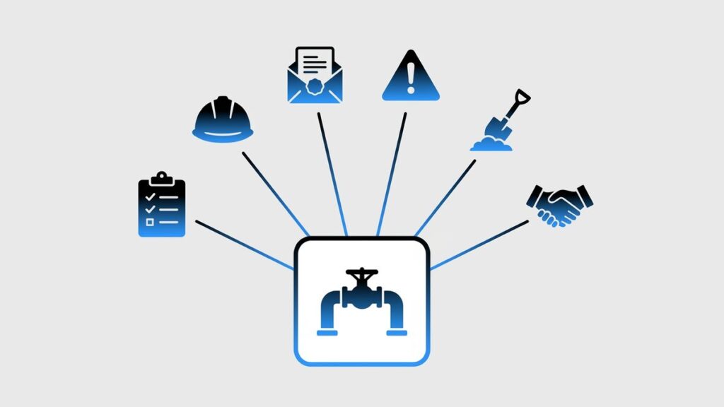 Flat vector diagram of six sources of follow-up work converging on one site record
