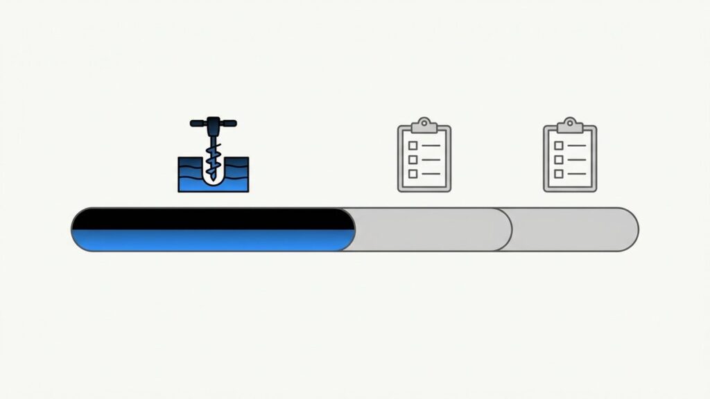 Clean flat vector timeline in three segments: the oldest marked with a drill for intrusive sampling, the two later ones marked with checklists