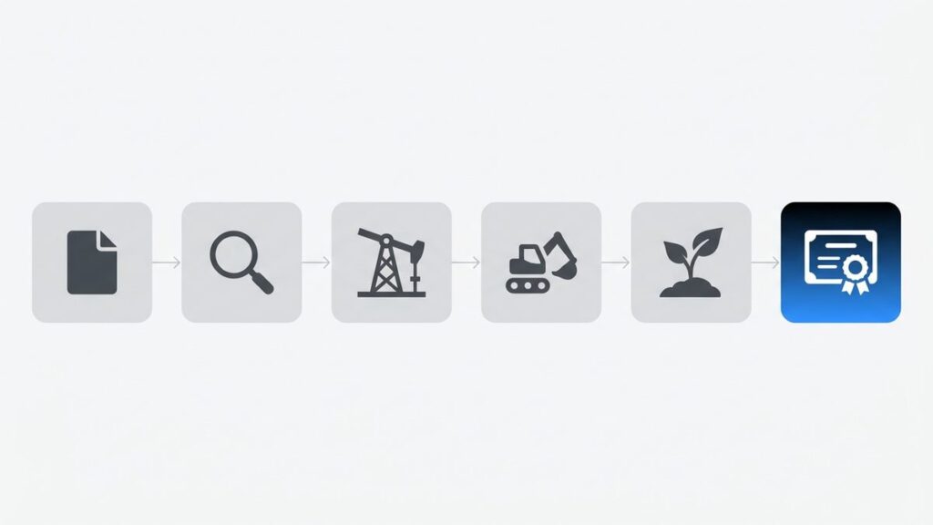 Clean flat vector diagram of six steps in a row, from a disclosure document and a magnifying glass through a drill rig, an excavator and a seedling to a stamped certificate