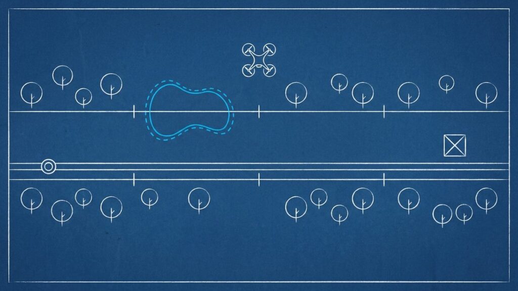 Blueprint drawing of a pipeline right of way split into four segments, with a riser, a bare patch beside the line, a sump and a drone overhead
