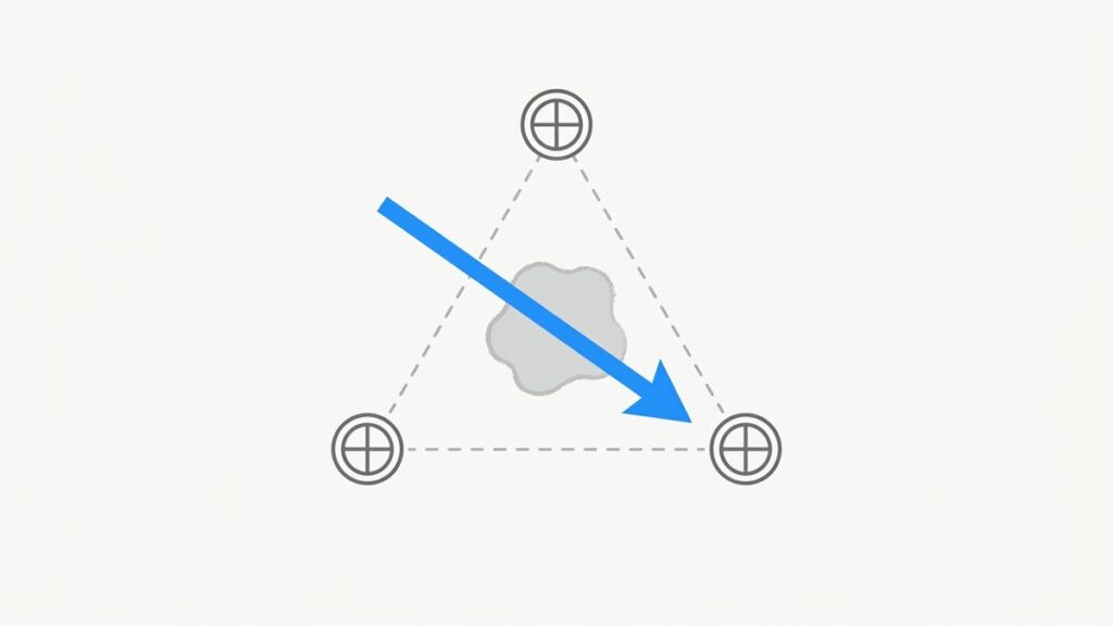 Minimal icon infographic of three groundwater monitoring wells set in a triangle around a source area, with an arrow showing groundwater flow direction