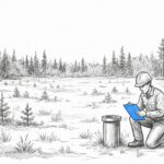 BCER site remediation and restoration manual: an environmental consultant recording a groundwater monitoring well on a restored wellsite in northeast British Columbia
