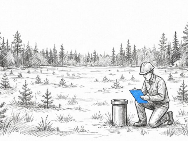 BCER site remediation and restoration manual: an environmental consultant recording a groundwater monitoring well on a restored wellsite in northeast British Columbia