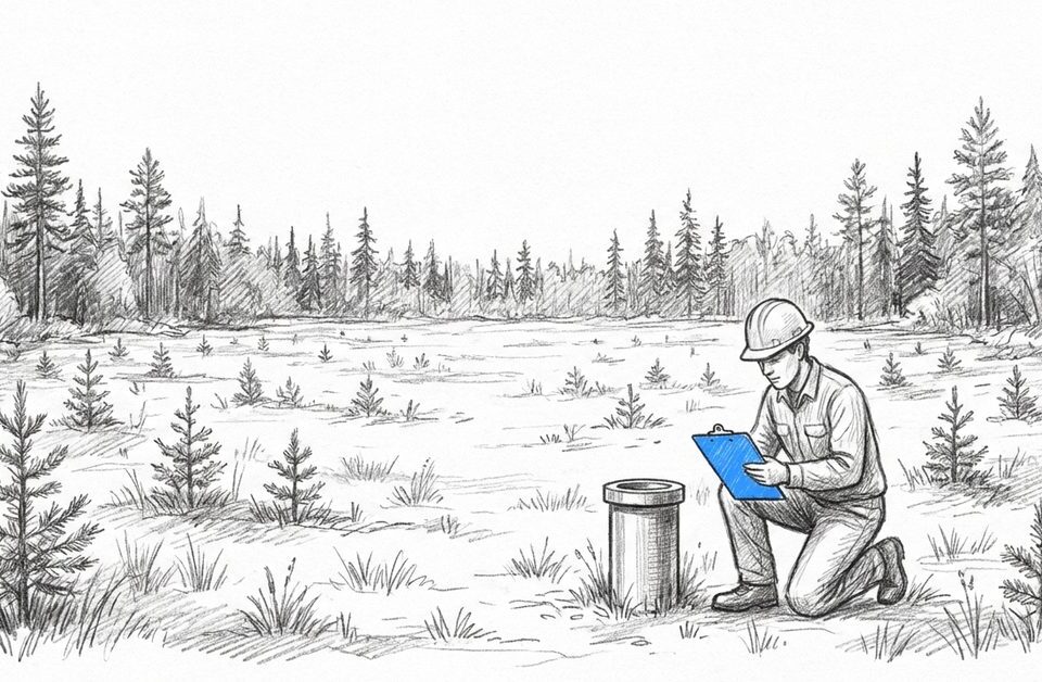 Featured BCER site remediation and restoration manual: an environmental consultant recording a groundwater monitoring well on a restored wellsite in northeast British Columbia
