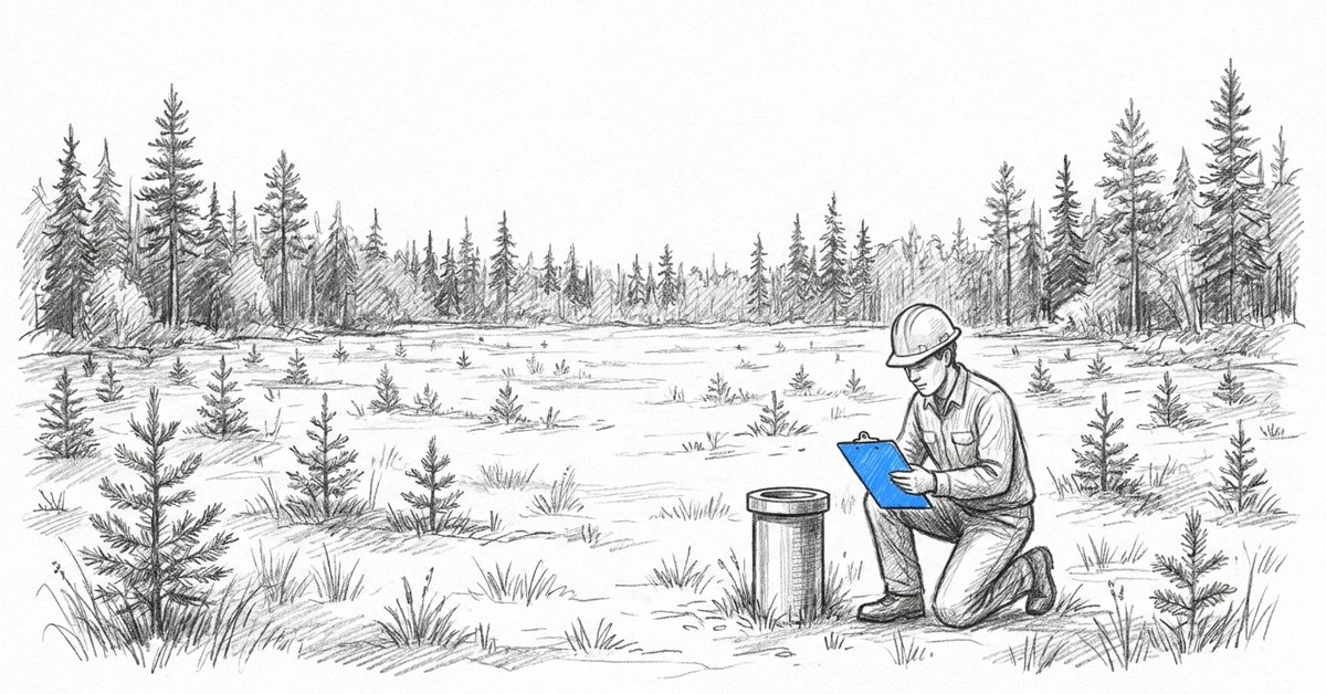 BCER site remediation and restoration manual: an environmental consultant recording a groundwater monitoring well on a restored wellsite in northeast British Columbia