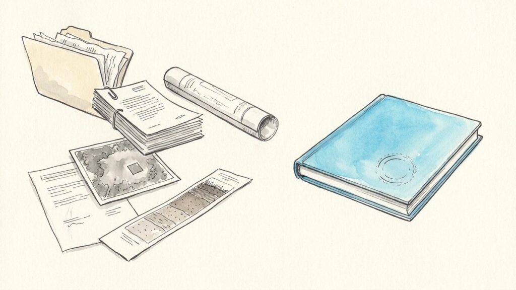 Hand-drawn sketch of scattered well files, an aerial photo, a borehole log and consultant reports funnelling into one bound report with a professional stamp