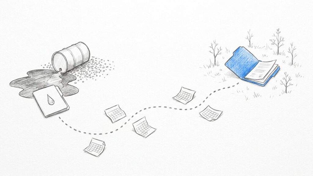 Hand-drawn sketch of a spill incident folder travelling along a timeline from a fresh spill to a restored site years later, where it is opened again