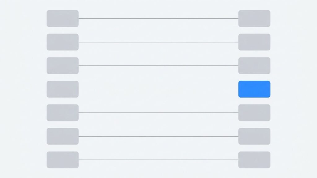 Clean flat vector of two columns of record cards joined by matching lines, with one card on the right left unmatched and highlighted