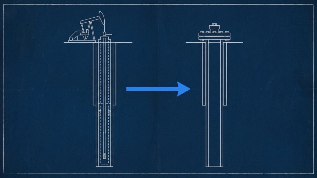 Blueprint drawing of the same wellbore twice, first with tubing and rods inside, then empty, with an arrow between the two